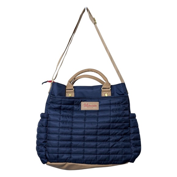 Maman New York Handbags - Maman New York Designer Quilted Diaper Bag w/Changing Pad Blue w/tan details